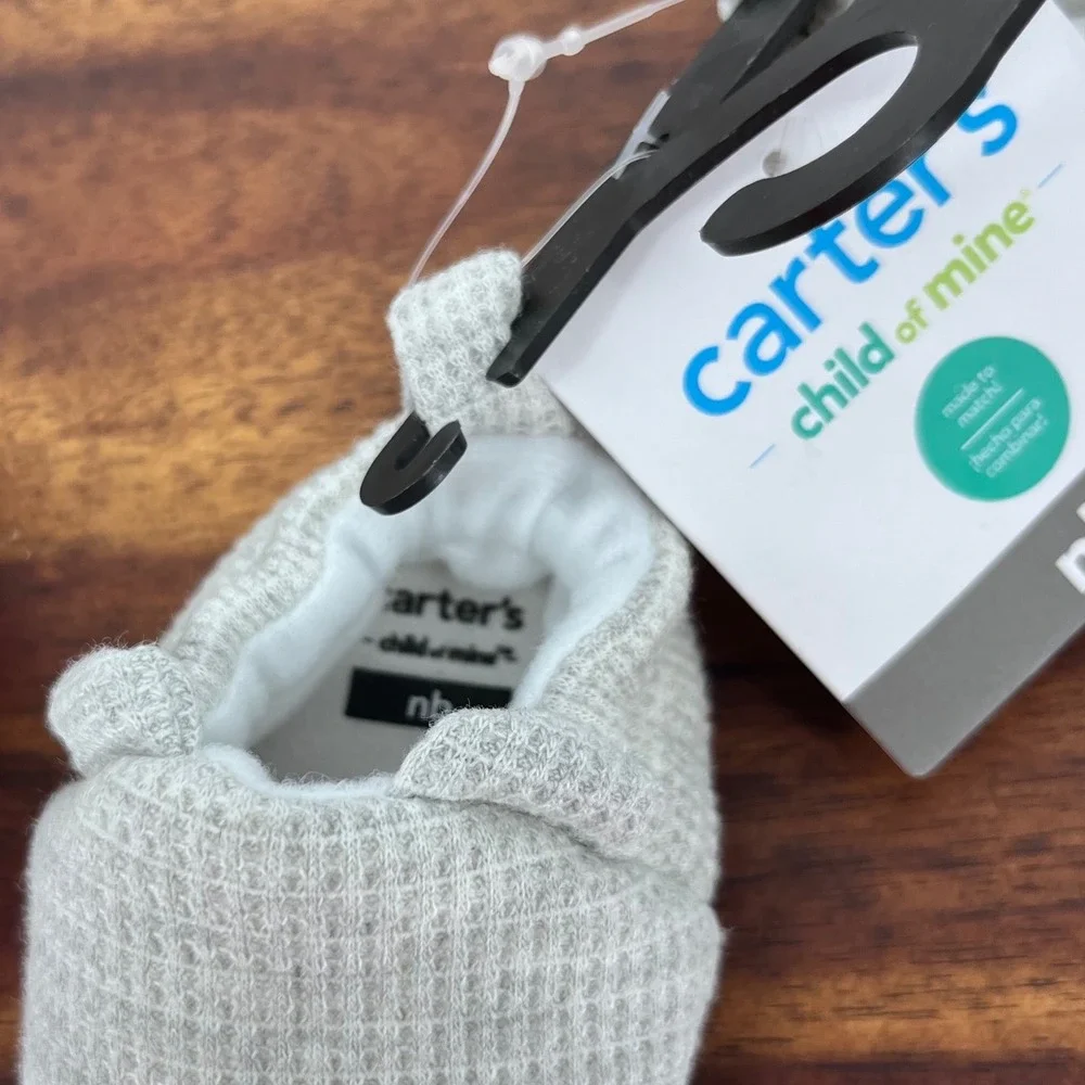 Carters Gray Booties Unisex Newborn NB Waffle Knit Soft Sole Slip On Shoes NEW